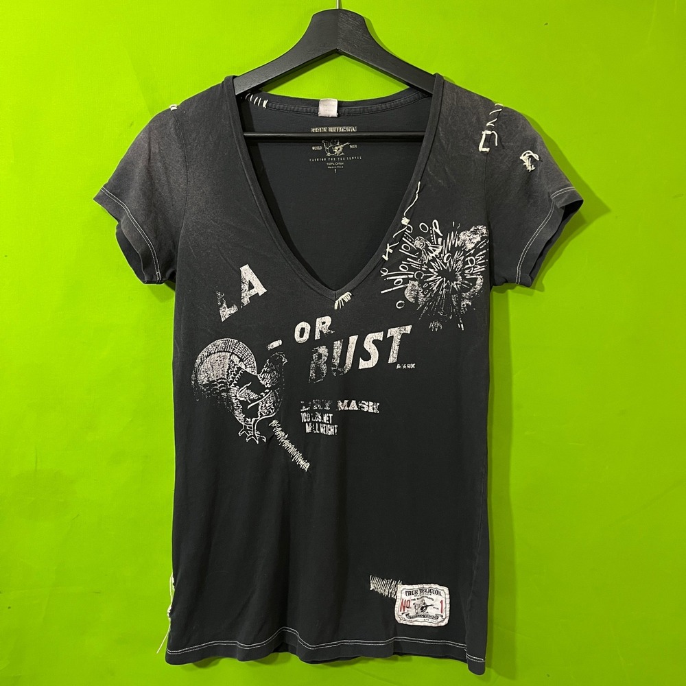 True Religion LA Or Bust Graphic‎ V-Neck T-Shirt Black Cotton Womens Size 1